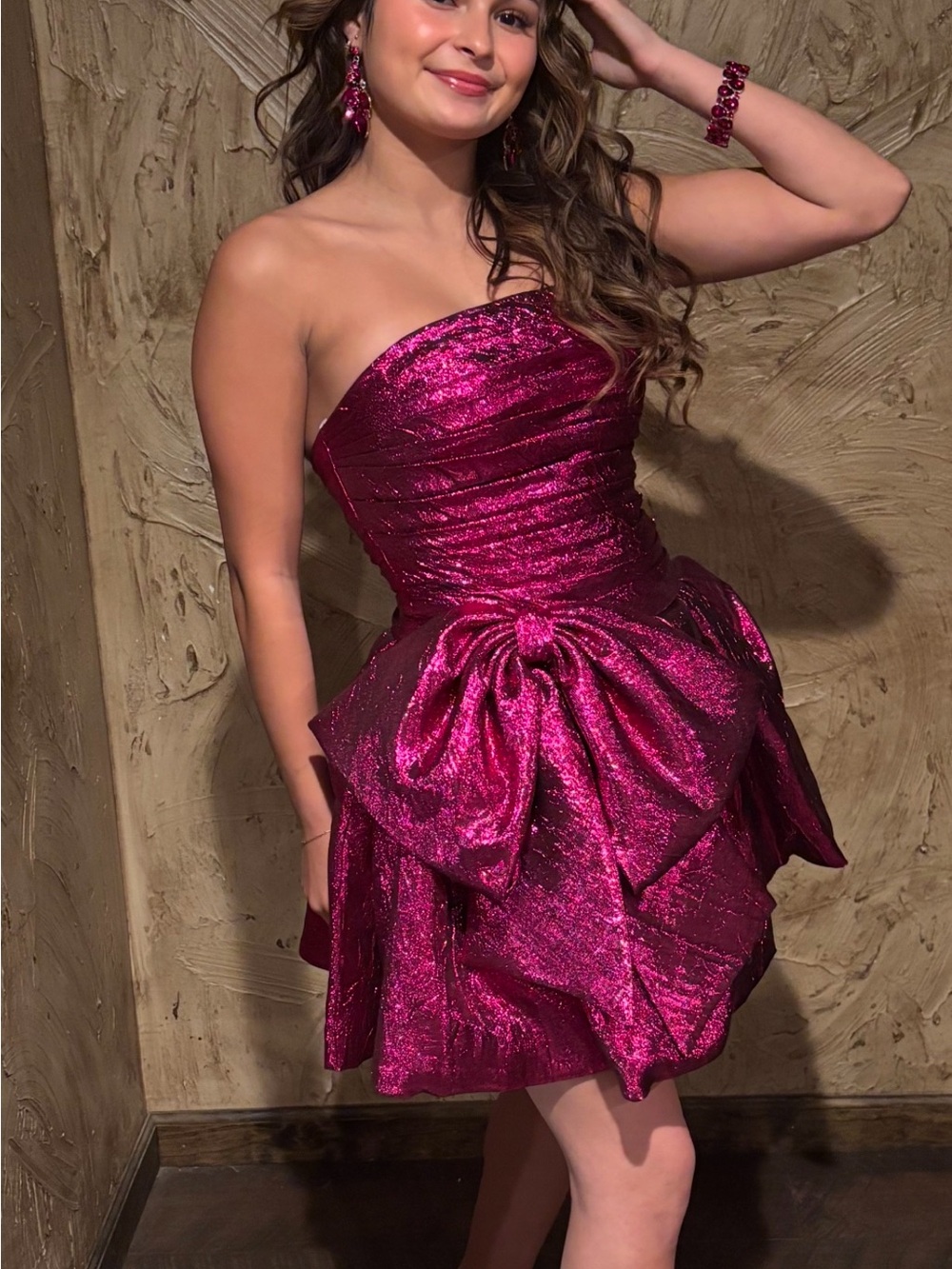 Sherri Hill Strapless Sparkling Magenta Cocktail Dress